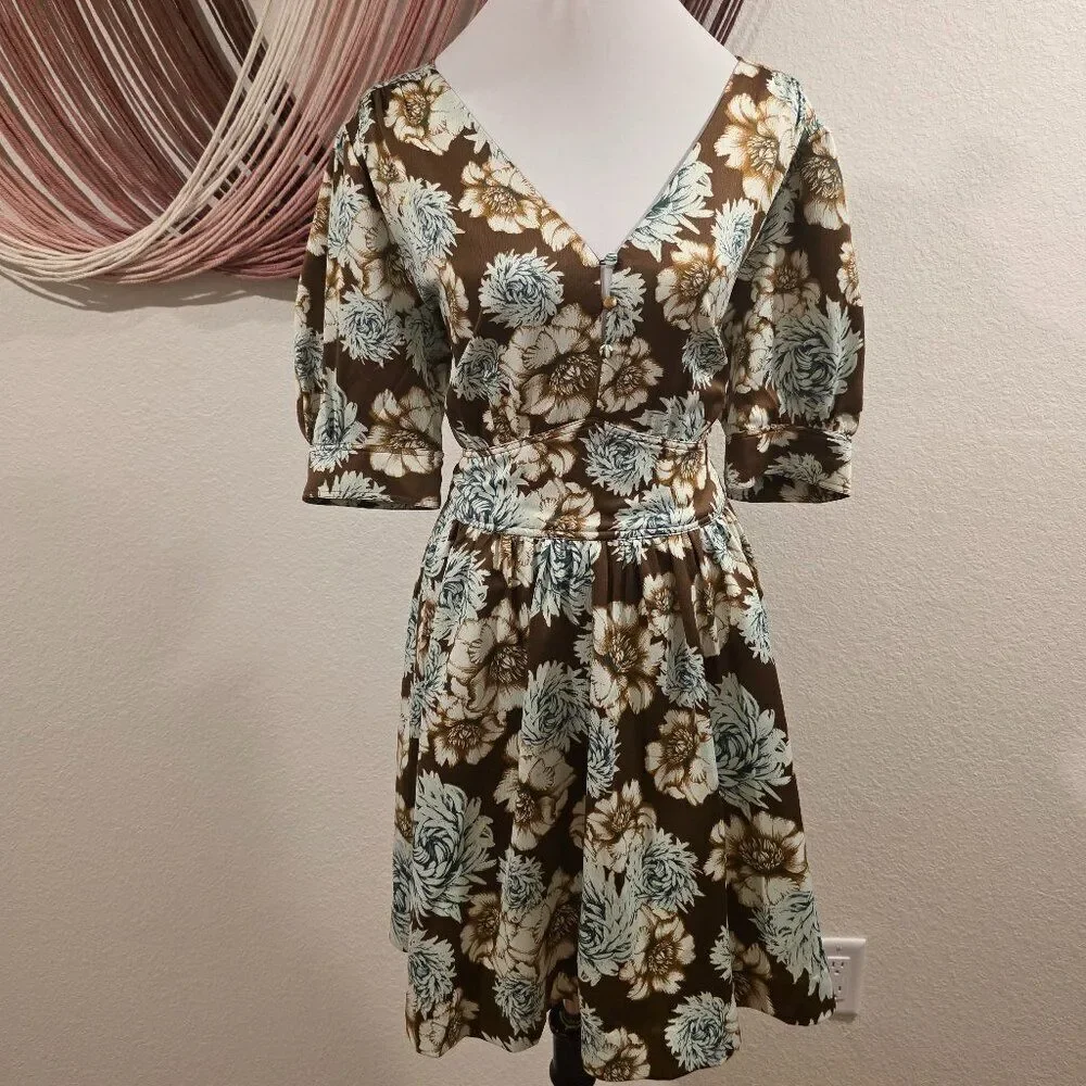 NWT Happy Nature-Kate Hudson Floral Puff Sleeve Mini Dress Sz L